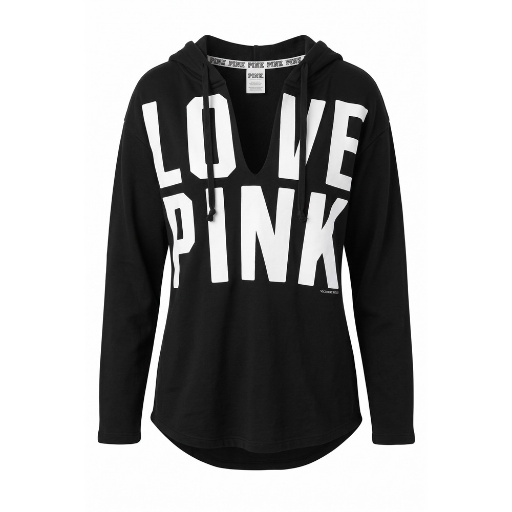Victoria's Secret PINK Black Love Pink V-Neck Pullover Hoodie Sweatshirt XS